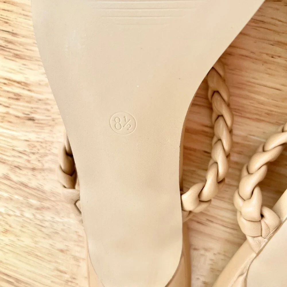 Women's 8.5 Nude Tan Beige Vegan Leather Braided Strappy Square Toe Sandal Heels - Picture 8 of 8